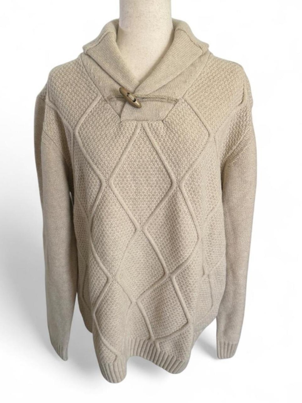 Wool Aran Fisherman Cable Knit Shawl Collar Toggle Sweater Oatmeal Beige Mens XL